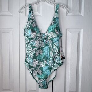 NWT Nicole Miller One Piece Swimsuit Large Green Tropical Palm Leaf Floral NEW